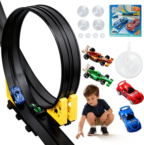 MINDNOOK Juego de pista de carreras flexible de 16 pies para niños, pista de carreras portátil enrollable con 4 autos y ventosas, compatible con