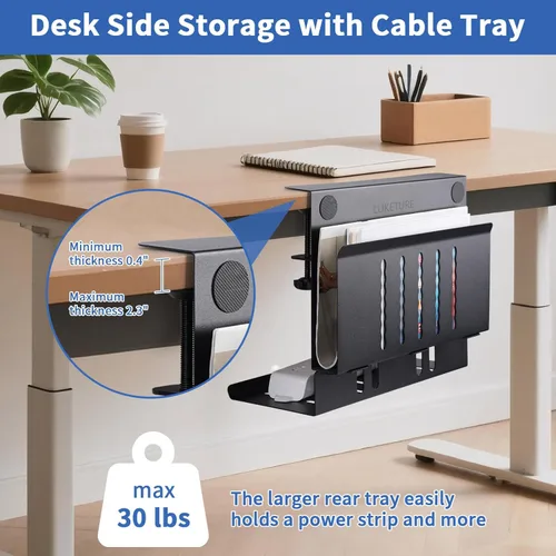 Vista 2 de LUKETURE Almacenamiento lateral de escritorio, soporte para laptop con bandeja de gestión de cables, soporte para laptop de acero 2 en 1 bajo