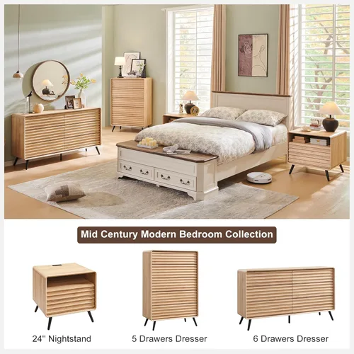 Vista 3 de RedLemon Cómoda de 5 cajones para dormitorio, cómoda de 48'' de altura estilo mediados de siglo con madera estriada, cómoda con cajones con pata