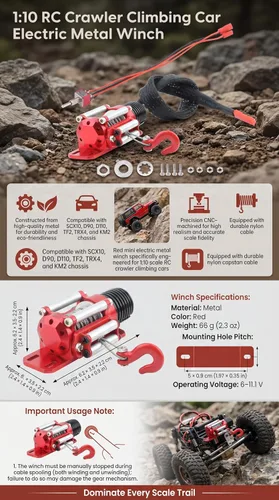 Vista 4 de Tbest Crawler, con controlador de cabrestante, coche RC escala 1/10, accesorio de vehículo modelo, para entusiastas de todo terreno y aficionados
