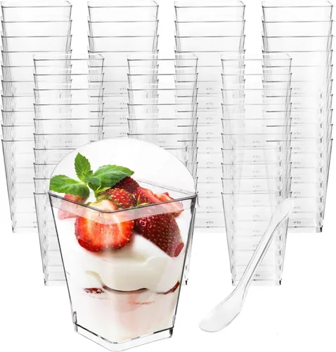 Vista 8 de Paquete de 100 tazas de postre de 5 onzas con tapas y cucharas, tazas altas de plástico transparente para parfait, vasos de postre para fiesta