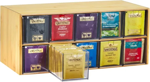 Vista 9 de TIMIEEYA Organizador de bolsas de té - Organizador de almacenamiento de té de bambú con 12 compartimentos, organizador de té de 1 capa para bolsas