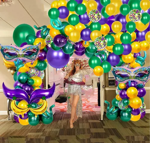 Vista 4 de 114 globos de Mardi Gras de gran tamaño, máscara de luna y estrella, globos de aluminio para Mardi Gras, cumpleaños, baby shower, mascarada, fiesta
