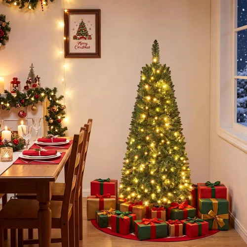 Vista 3 de GOFLAME Árbol de Navidad preiluminado de 5 pies, árbol de Navidad artificial con 180 luces LED, 10 modos de luz, 390 puntas de rama, soporte