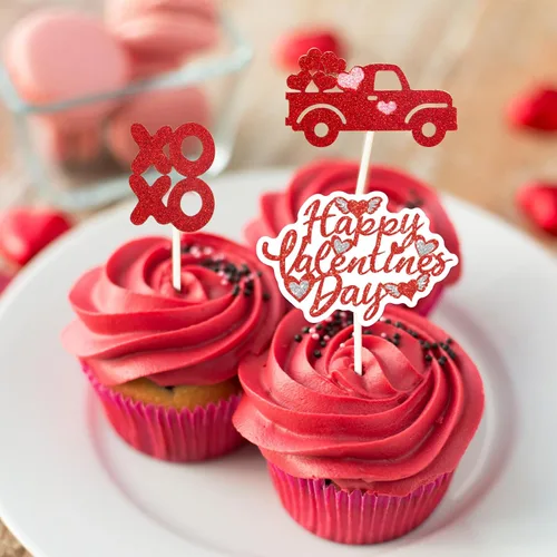 Vista 4 de Ceiba Tree 24 piezas de decoración para cupcakes para el día de San Valentín, con purpurina, corazón, amor, San Valentín, alimentos, suministros