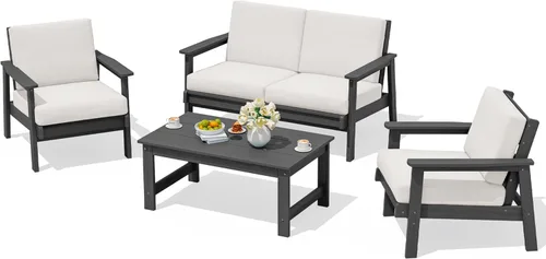 Vista 31 de SERWALL Sofá biplaza para patio al aire libre de HDPE, para todo tipo de clima, muebles de exterior de HDPE, marco negro y cojín gris