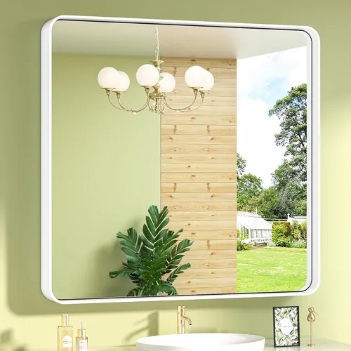 Vista 60 de TokeShimi Espejo de pared de baño de níquel cepillado de 20 x 30 pulgadas, marco de metal, esquina redonda, rectangular, para decoración del hogar