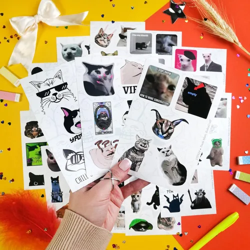Vista 4 de BulbaCraft 100 calcomanías de meme de gato, divertidas calcomanías de gato, regalos para mujeres y hombres