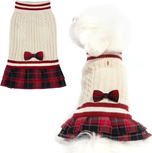 PAWCHIE Vestido de suéter para perro con corbatín - Suéter de punto con cuello alto para perros pequeños, para niñas, para clima frío, con orificio