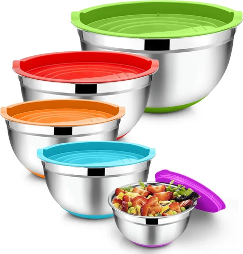 Vista 15 de TeamFar Tazones para mezclar con juego de tapas, 7/3.5/2.5/1.5/1 cuartos de galón, tazón grande de acero inoxidable para ensalada anidable, parte