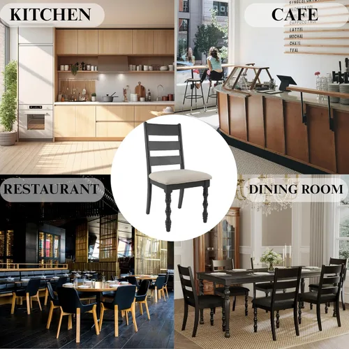 Vista 8 de Juego de 2 sillas de comedor estilo granja, silla de cocina con marco de madera maciza con patas romanas, moderna silla tapizada de tela de lino sin