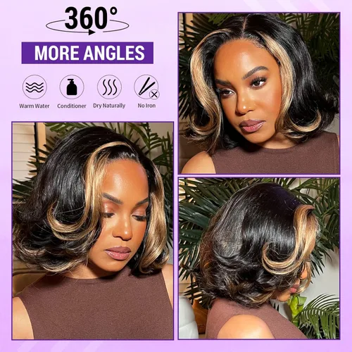 Vista 4 de LUVME HAIR Peluca de cabello humano corto ondulado con encaje frontal con reflejos rubios, sin pegamento, 5 x 5, cierre de encaje HD, peluca