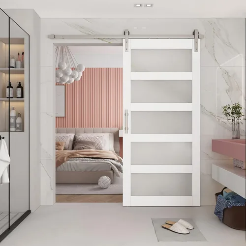 Vista 11 de BARNSMITH Puerta de granero de vidrio de 32 x 84 pulgadas con herrajes para puerta corrediza de níquel cepillado de 5.5 pies incluidos y asa, Blanco