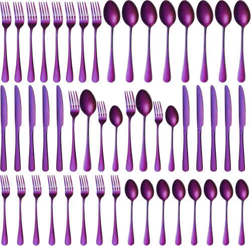Juego de cubiertos morados de 50 piezas para 10 cubiertos de acero inoxidable, juego de cubiertos de metal, incluye cuchillos, tenedores, cucharas
