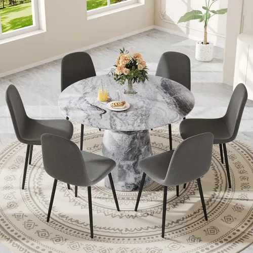 Vista 26 de Mesa de comedor redonda para mesa de comedor de 4/6, 45 pulgadas, mesa de cocina pequeña con pedestal estable, mesa de comedor moderna para cocina