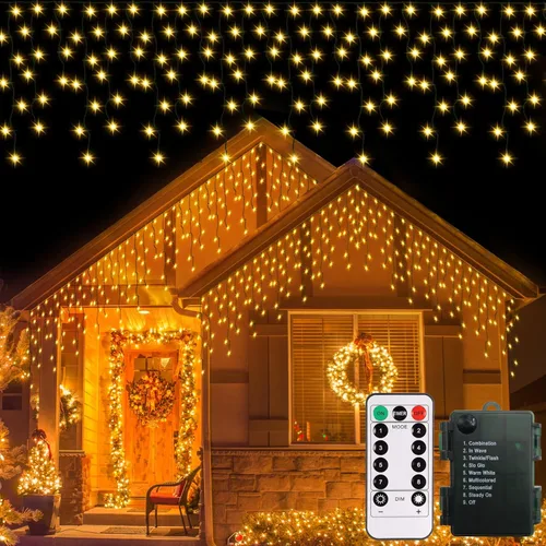 Luces de cortina de hadas para jardín, luces de carámbano, funciona con pilas, 102 luces LED para exteriores, con control remoto y temporizador,