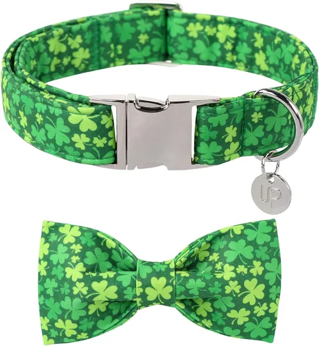 Collar de perro del día de San Patricio con corbatín, collar de lazo de trébol de la suerte ajustable para perros hembras y niños, collar de perro