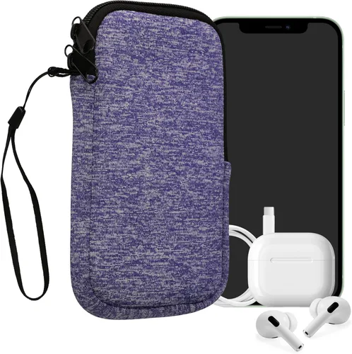 Vista 33 de kwmobile Bolsa de neopreno para teléfono tamaño XL - 6.7/6.8 pulgadas - Funda universal para celular con cremallera, correa para la muñeca, amarillo