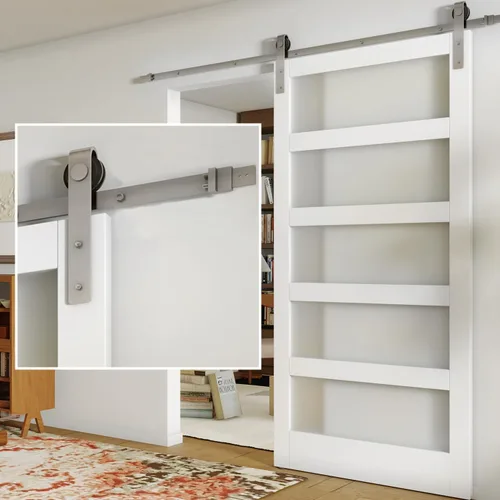 Vista 8 de Kit de herrajes para puerta corrediza de granero de 6 pies, riel de herrajes para puerta de granero de níquel satinado, kit de herrajes para puerta