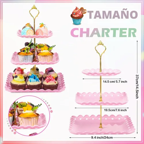 Vista 3 de 6 juegos de decoraciones de fiesta de té de 3 niveles de plástico para cupcakes, platos de postre, torta de frutas y dulces, torre de exhibición