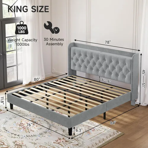 Vista 37 de koorlian Base de cama Queen con cabecero, base de cama tapizada ajustable con puertos tipo C y USB, cabecera de almacenamiento con respaldo de ala