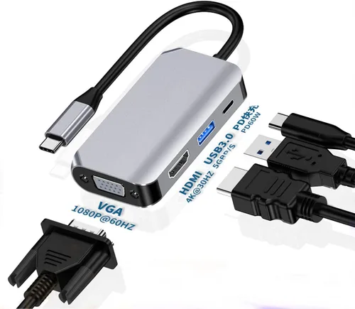 Vista 2 de Concentrador adaptador USB C, 4 en 1 USB tipo C a HDMI 4K, VGA, USB3.0 y USB-C PD multipuerto estación de acoplamiento compatible con dispositivos