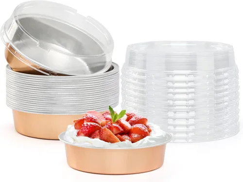 Vista 35 de Beasea Paquete de 20 Moldes para Cheesecake con Tapas, 8 Oz, 4 Pulgadas Moldes Redondos de Papel de Aluminio para Tartas, Contenedor para Muffins