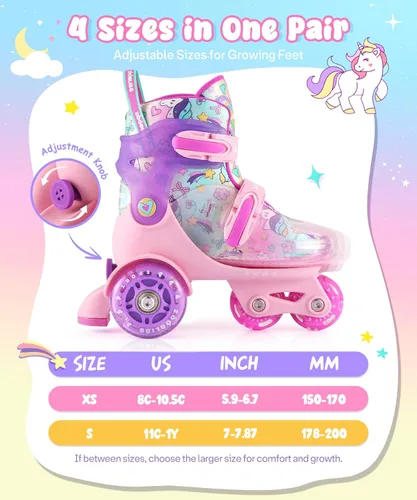 Vista 7 de Patines para niños (unicornio arcoíris, S) + juego de equipo de protección rosa con bolsa de cordón (S)