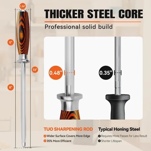 Vista 7 de TUO Varilla de afilar, acero de afilado con mayor diámetro para cuchillo de cocina, mantenimiento diario de afilado, varilla afiladora de cuchillos