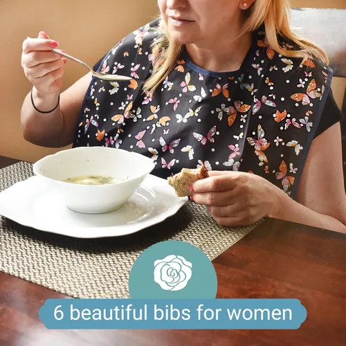 Vista 2 de Paquete de 6 baberos para adultos con recogedor de migas, protectores de ropa impermeables y reutilizables para mujeres mayores