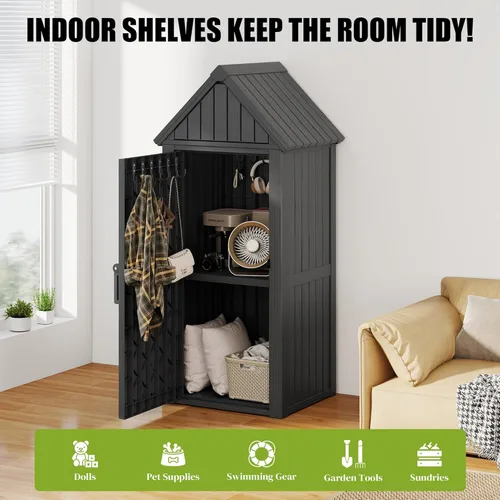 Vista 4 de Fancyango Cobertizo de almacenamiento de resina para exteriores, armario de almacenamiento resistente mejorado con estantes extraíbles y anillo