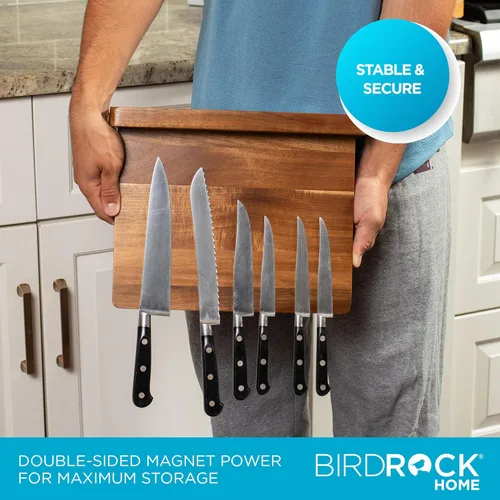 Vista 4 de BIRDROCK HOME Bloque magnético de madera para cuchillos Almacenamiento de cuchillos de madera de acacia Soporte magnético fuerte de doble cara