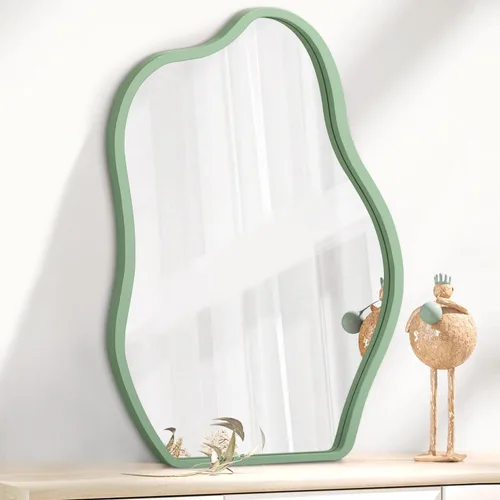 Vista 20 de Espejo de pared asimétrico con marco de madera, espejo colgante moderno irregular para pared para tocador, sala de estar, dormitorio, baño, entrada