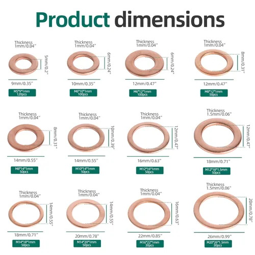 Vista 2 de 730 arandelas de cobre, 12 tamaños de arandelas métricas de cobre, kit surtido de arandelas planas (M5 M6 M8 M10 M12 M14 M16 M20)