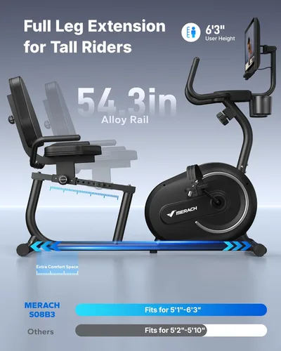 Vista 6 de MERACH Bicicleta Reclinable Estática para el Hogar con Bluetooth Inteligente y Aplicación Exclusiva para Bicicletas de Ejercicio, LCD, Manillar