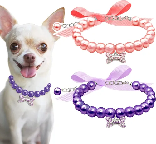 2 Piezas Collar de Perlas para Perros y Gatos con Hueso de Diamantes de Imitación, Collar Elegante de Boda para Gatitos y Perritos Mascotas