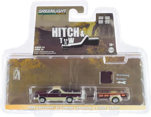1984 Chevy El Camino Conquista Granate Metálico y Beige con enganche de remolque utilitario y remolque Serie 24 1/64 Modelo de automóvil fundido a