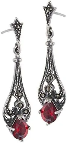 Vista 2 de clásico reproducción Plata de ley Teardrop Rojo vidrio Marcasita arete