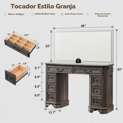 Vista 2 de T4TREAM Escritorio de maquillaje con espejo iluminado HD de 48 pulgadas, mesa de tocador de granja con 8 cajones, escritorio de tocador con 3 modos