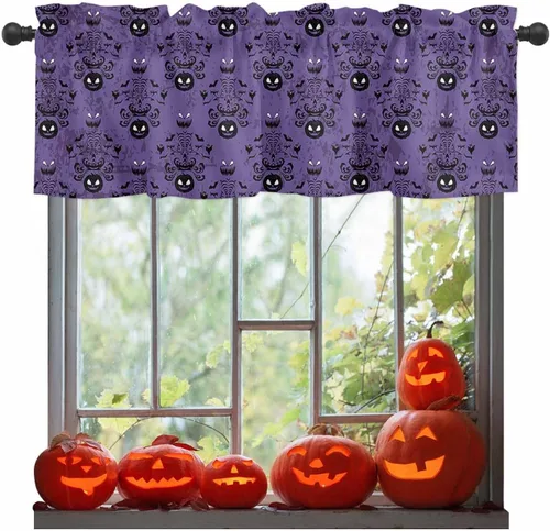 Vista 8 de Cenefas de ventana de calabaza de Halloween, cortinas de cocina, cortinas para sala de estar, dormitorio, baño, lavable, pequeña mansión encantada