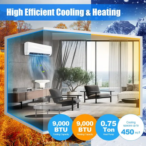 Vista 3 de PETSITE 9000 BTU Mini Split Aire acondicionado pre-cargado Inverter Sistema de bomba de calor, 17 SEER2 208V-230V montado en la pared, unidad de CA