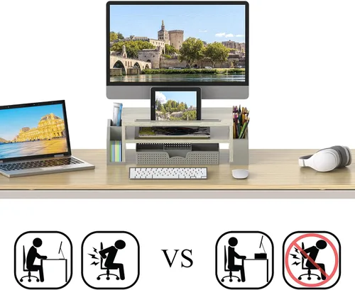 Vista 3 de Simple Houseware - Soporte elevador para monitor de escritorio con bandeja organizadora ajustable, arce