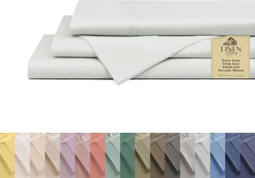 Vista 38 de Linen Home Juego de sábanas 100% de percal de algodón, fresco, ligero, sólido, tamaño individual, 3 piezas, 1 sábana encimera, 1 ajustable