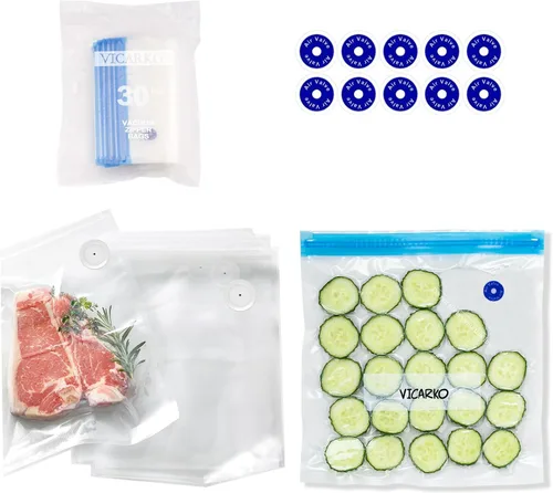 Vista 7 de VICARKO 30 bolsas con cremallera al vacío, bolsas selladoras al vacío, almacenamiento de alimentos, bolsas reutilizables, con doble capa, sin BPA