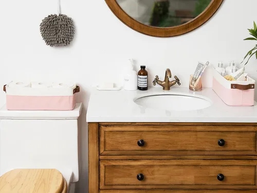 Vista 28 de StorageWorks Contenedores de almacenamiento estrechos, cesta pequeña para armario y estantes, organizador rectangular de tela con asas, Beige