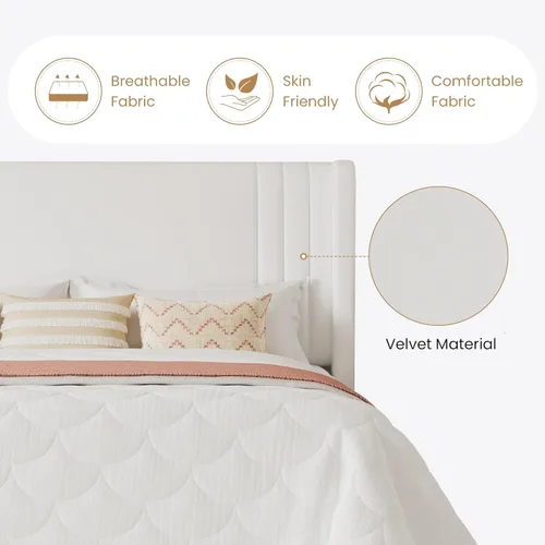 Vista 34 de SHA CERLIN Base de cama tapizada de terciopelo de tamaño matrimonial con cabecera de ala capitonada de canal vertical, soporte de listones