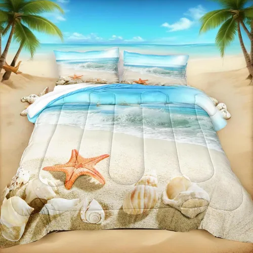 Vista 22 de Bedbay Juego de edredón de playa tamaño King, juego de ropa de cama costera de 3 piezas con diseño de concha de mar, conchas y vida marina, juego