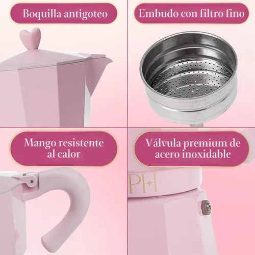 Vista 4 de Cafetera de Espresso y Café Paris Hilton para Estufa, Cafetera de Estilo Italiano y Cubano con Manija Icónica en Forma de Corazón, Perfecta
