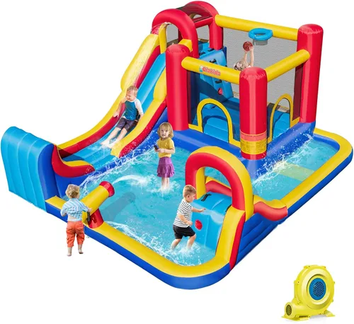 OLAKIDS Tobogán acuático inflable, parque acuático 8 en 1 con 2 toboganes, pared de escalada, pistola de agua, borde de baloncesto, carrera de