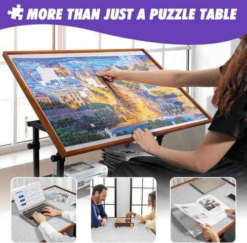 Vista 6 de Sunix Mesa de rompecabezas de 1500 piezas con patas, tablero de rompecabezas de altura ajustable de 36 x 26 pulgadas con cubierta y 6 bandejas